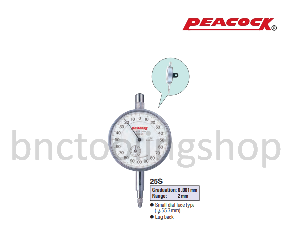 ไดอัลเกจขนาด 2มิล ความละเอียด 0.001มิล,Standard Dial Gauges Range 2mm Graduation 0.001mm,Peacock,25S