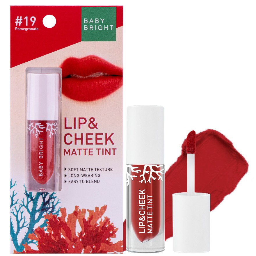 BABY BRIGHT LIP & CHEEK MATTE TINT 2.4G #19 Pomegranate ลิปเบบี้ไบร์ท ลิปทิ้น ทิ้นท์ เนื้อแมท ใช้ได้ทั้งปากและแก้ม 2.4 กรัม สี 19 พอมเมอแกรนเนท