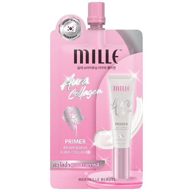 (แบบซอง) MILLE BRIGHTENING AURA COLLAGEN 6G. มิเล่ ออร่าไพร์เมอร์ ไพรเมอร์ผิวฉ่ำวาว สวยผ่องสุขภาพดี