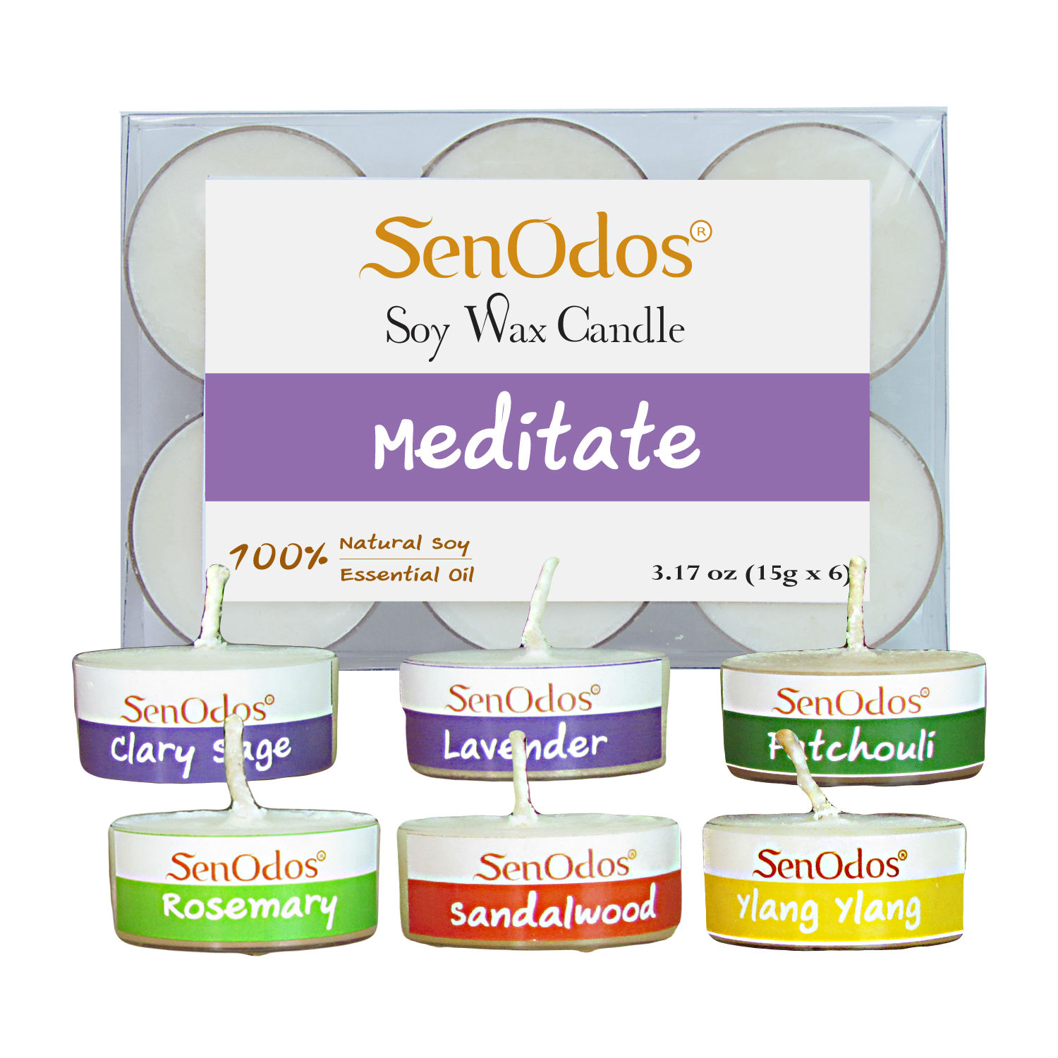 SenOdos กลิ่นมีสมาธิ เทียนหอมอโรม่า Soy Candles Aroma Meditate (สมาธิ) เทียนหอมอโรม่า เทียนทีไลท์ ขนาดพกพา ขนาดทดลอง 15 g. (แพ็ค 6 ชิ้น)