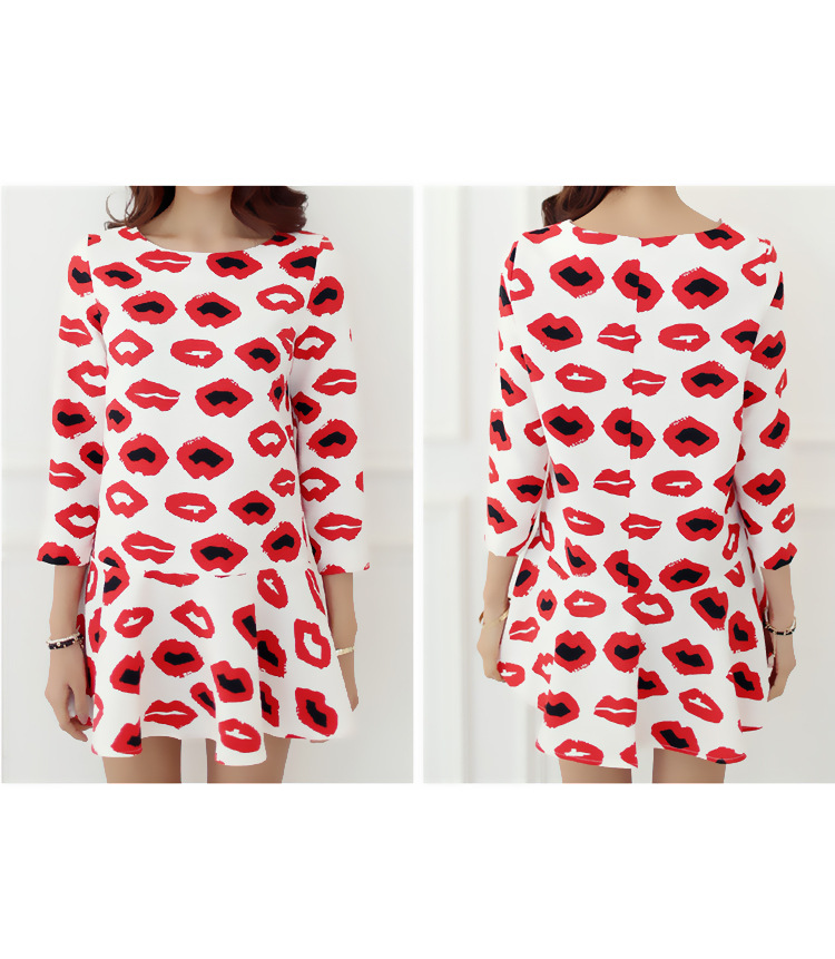 มินิเดรสผ้าชีฟองเนื้อดีสีขาว พิมพ์ลายรูปปากสีแดง ส่งฟรี ems