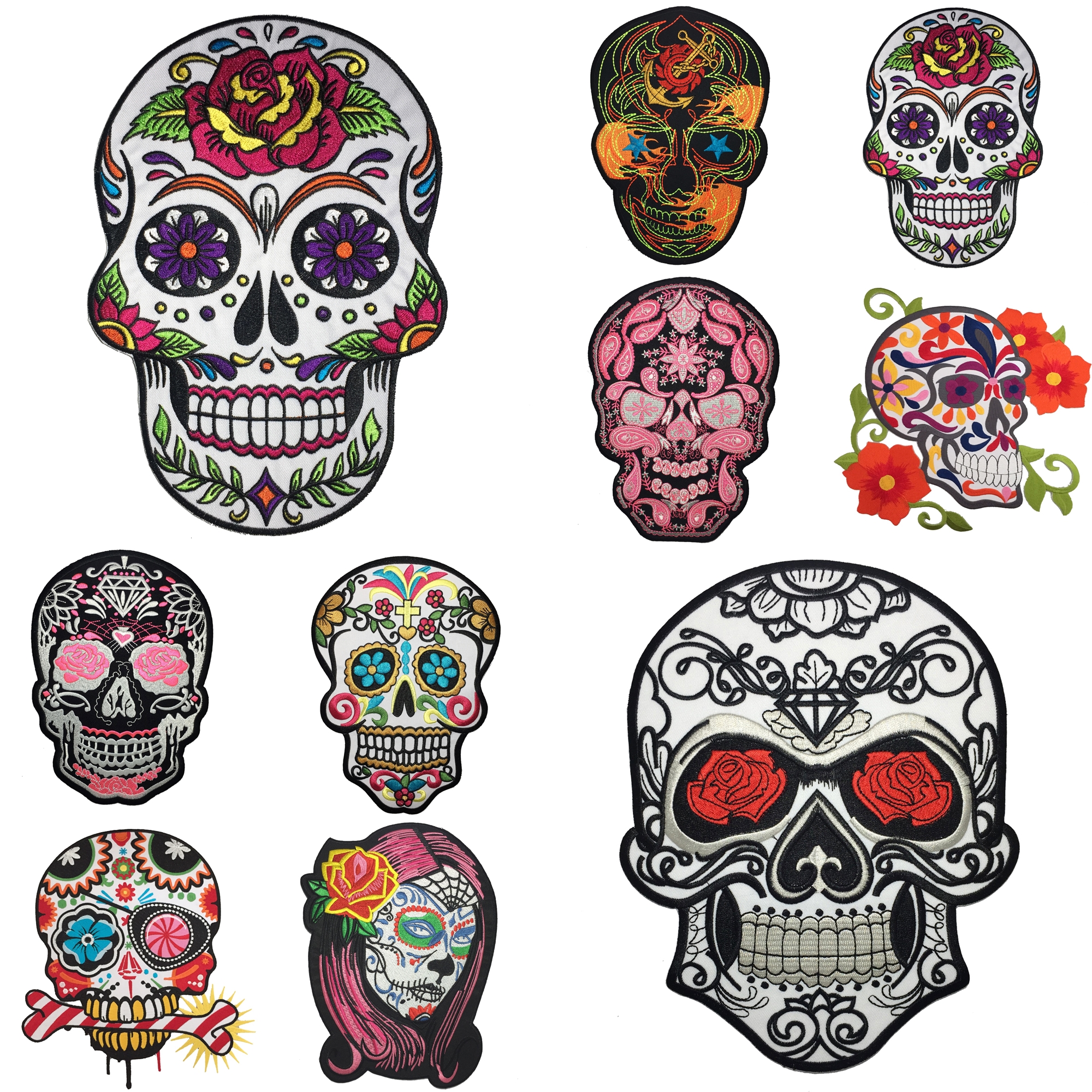 Sugar Skull กะโหลก ดอกไม้ ไบค์เกอร์ มอเตอร์ไซค์ ตัวรีดติดเสื้อ อาร์มรีด อาร์มปัก ตกแต่งเสื้อผ้า หมวก กระเป๋า แจ๊คเก็ตยีนส์ Embroidered Iron on Patch ไซส์ใหญ่