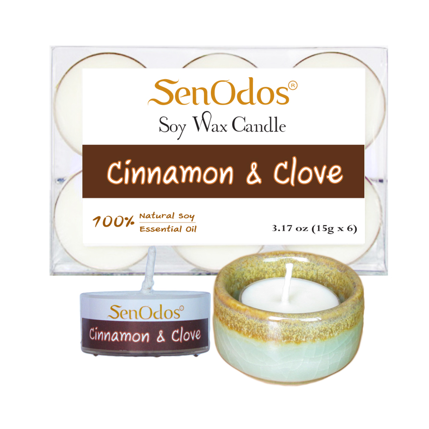 เทียนหอม เทียนทีไลท์ อโรม่า Cinnamon + Clove Tealight Soy Candle Aroma 15g x6 PCS - กลิ่นชินนามอน + โคลวฟ + เชิงเทียน ที่วางเทียนทีไลท์ ศิลาดล (เซลาดล) สีเขียวหยกขอบทอง