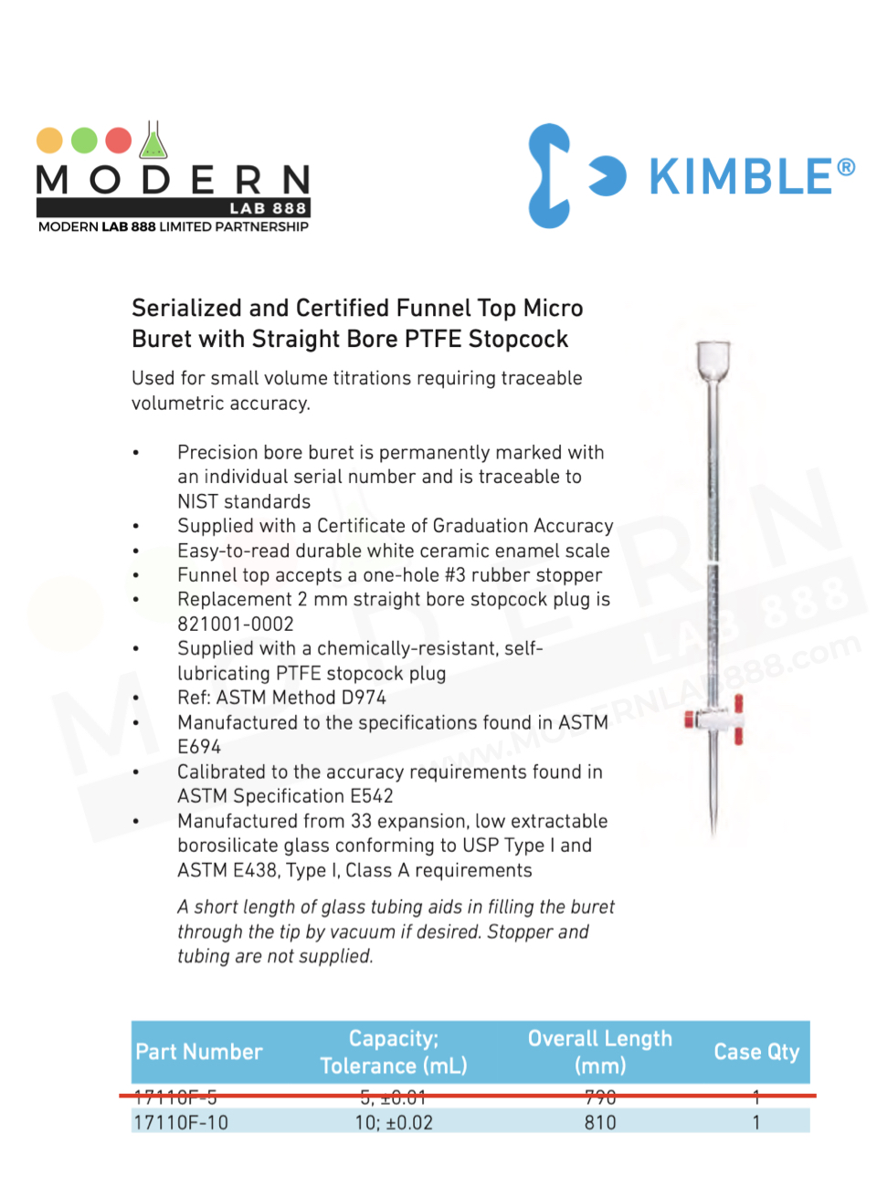 Serialized and Certified Funnel Top Micro Buret with Straight Bore PTFE Stopcock, 10ml