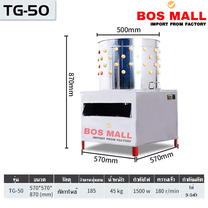 3.เครื่องถอนขนไก่ รุ่น TA-50 รุ่นนี้เหมาะสม สำหรับถอนขนไก่ ประมาณ 3-4ตัว/ครั้ง หรือ สัตว์ปีกขนาดโตเต็มวัย ราคา 13,500 บาท จัดส่งฟรี (บริษัทรวมค่าจัดส่งถึงบ้านแล้วทั่วประเทศไทย)