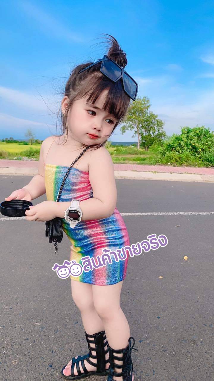 SD03/🌈พร้อมส่ง🌈ชุดเด็กผู้หญิงเดรสสีรุ้ง งานนี้คือดีย์ และถูกมากๆ ผ้า เงา วาว วิ้ง