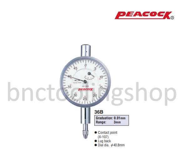 ไดอัลเกจหน้าปัดเล็ก ขนาด 3มิล ความละเอียด 0.01มิล,Miniature Dial Gauges Range 3mm Graduation 0.01mm,Peacock,36B