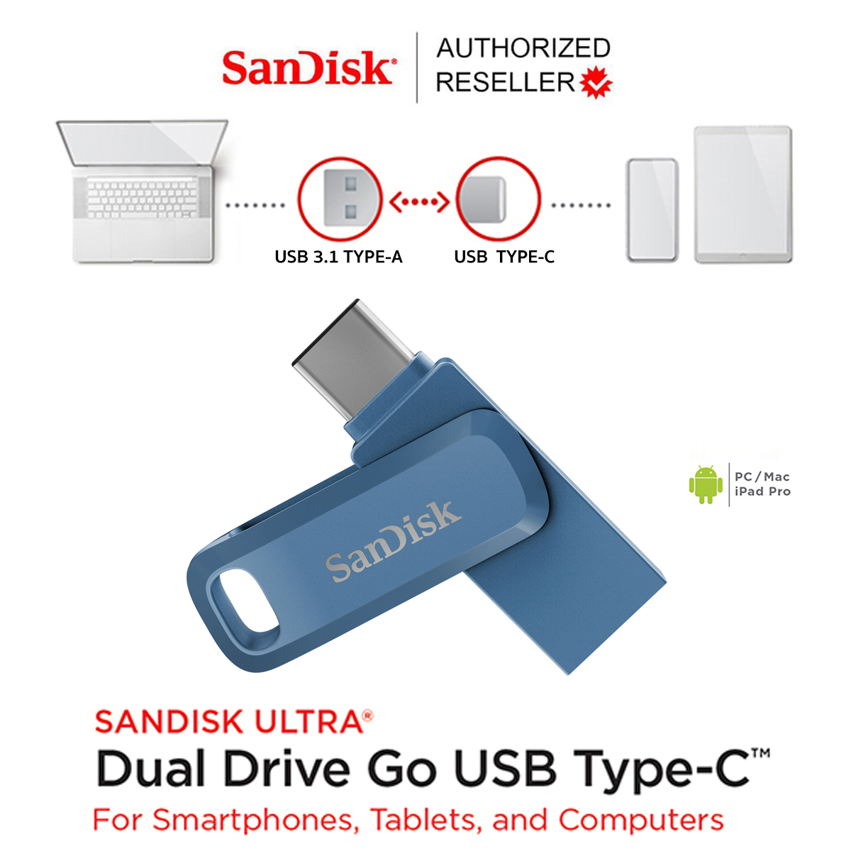 SanDisk Ultra Dual Drive Go USB Type-C (SDDDC3 Navy Blue) หัว USB Type C - USB A Flash Drive สำหรับ iPhone15 iPadPro Android แอนดรอยด์ และ Computer คอมพิวเตอร์ (ความจุ 64GB ,128GB,256GB ,512GB) ประกัน 5 ปี