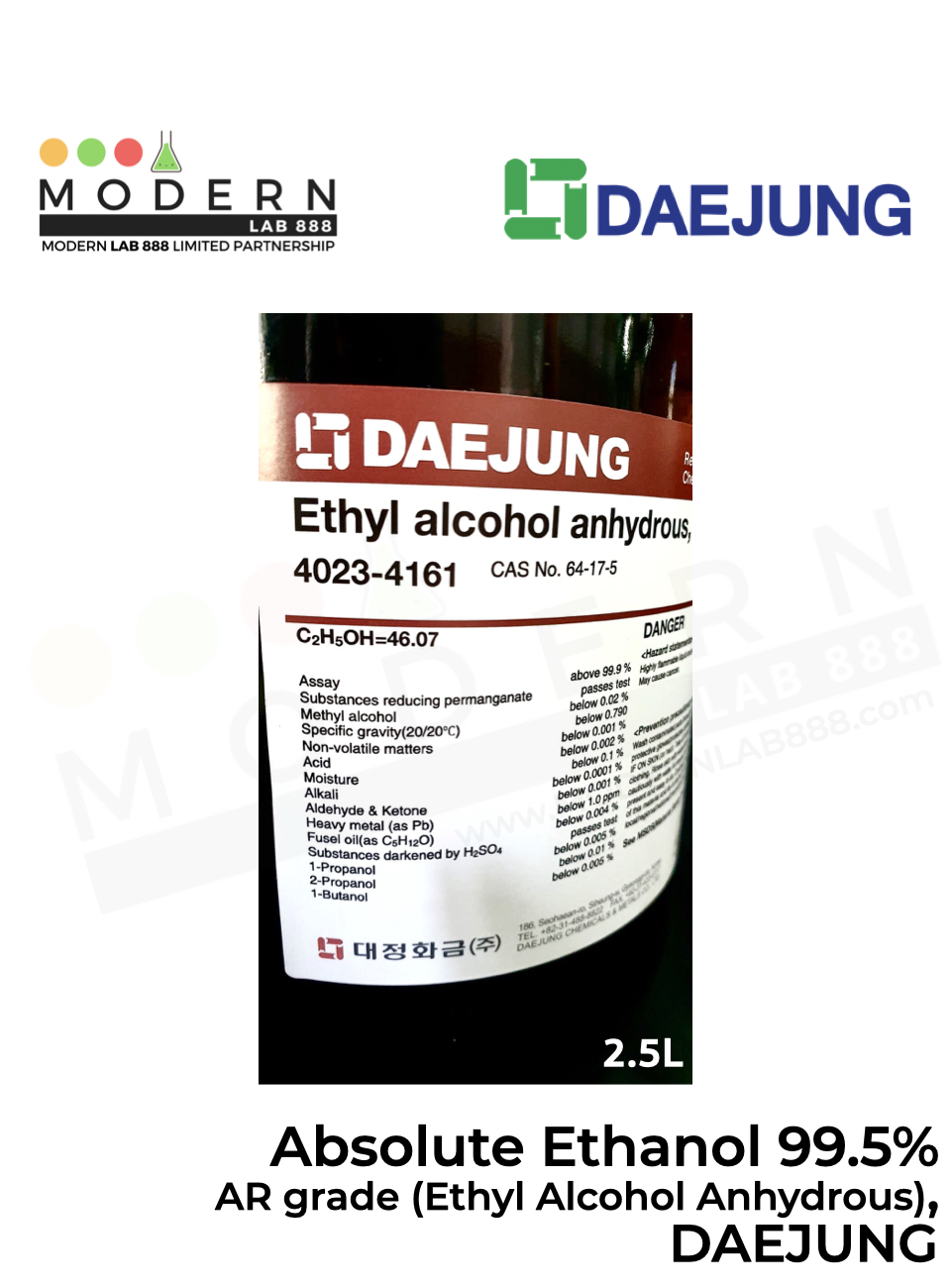 Absolute Ethanol 99.9%, AR grade (Ethyl Alcohol Anhydrous), DAEJUNG, 2.5 ลิตร