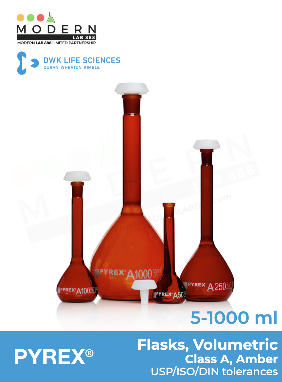 ขวดวัดปริมาตรสีชา / Volumetric Flasks, Class A, Amber, PYREX