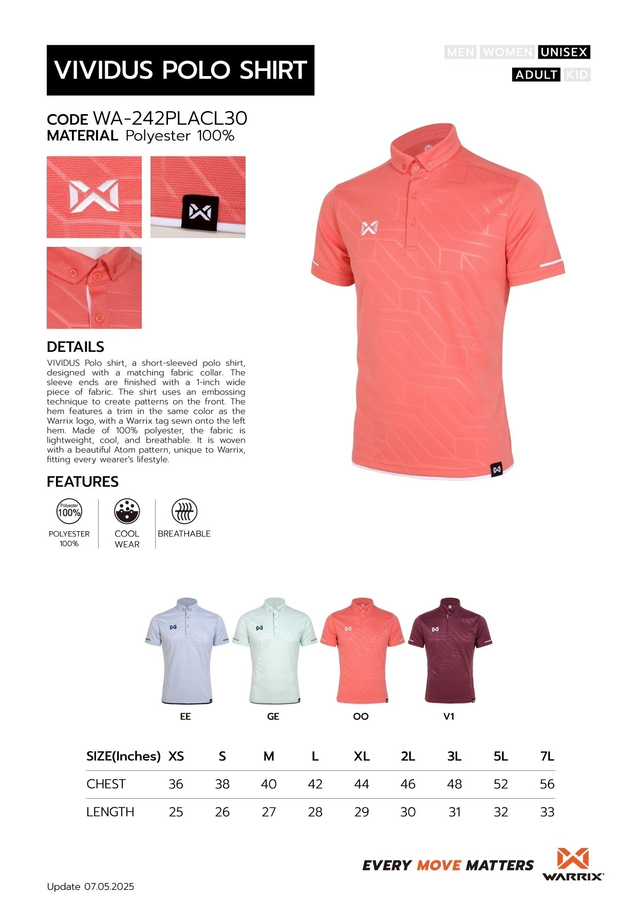 ใหม่ล่าสุด!! Warrix เสื้อโปโล วอริกซ์ เสื้อคอปก วาริกซ์ รุ่น Vividus แขนสั้น คอปก ใส่สบายไม่ต้องรีด WA-242PLACL30 - สีแซลมอน/ซอฟต์กรีน