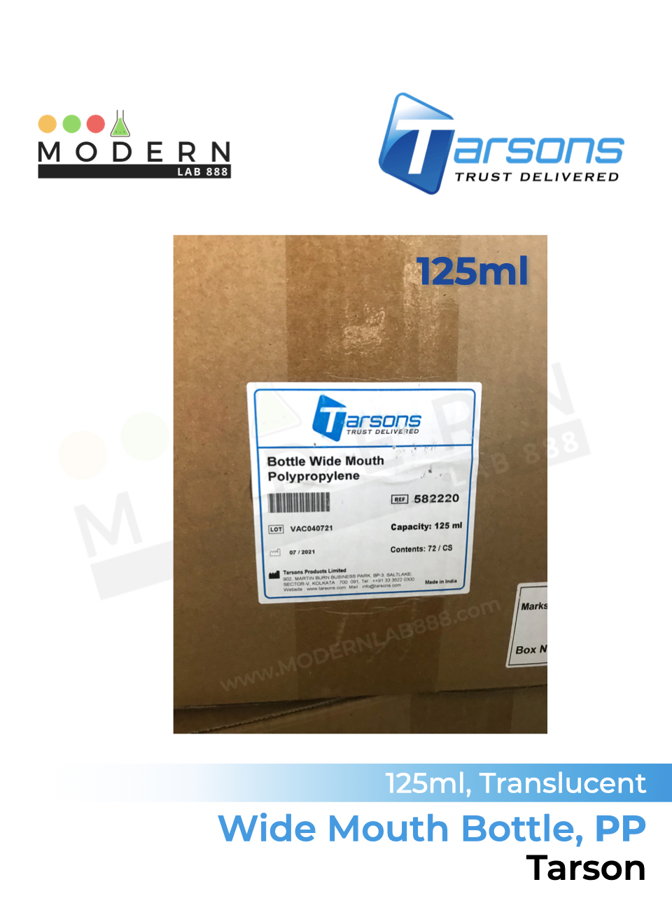 125ml, Tarsons, PP, Wide Mouth Reagent Bottle / ขวดเก็บสารปากกว้าง