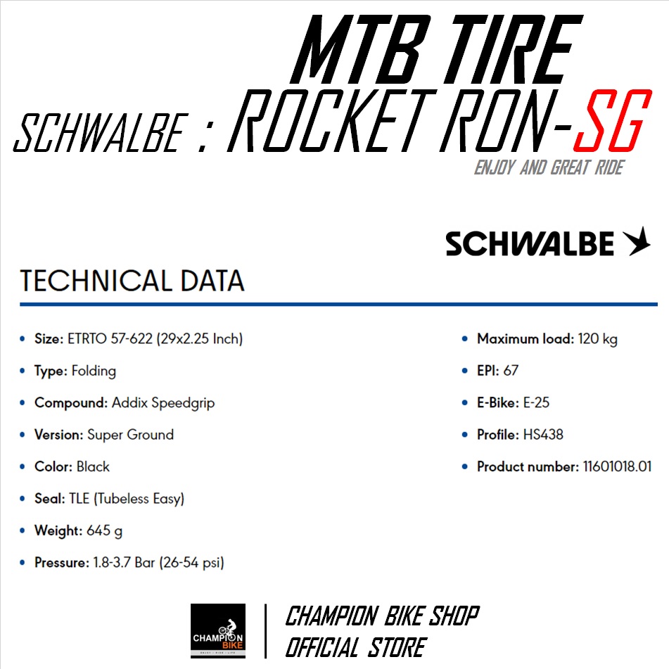 ยางเสือภูเขา29 SCHWALBE : ROCKET RON-SUPER GROUND TLE 29x2.25 TUBELESS MTB TIRE ขอบพับ