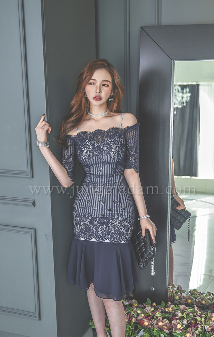 ชุดเดรสสีน้ำเงิน ชุดเดรสออกงาน ผ้าลูกไม้สีน้ำเงิน ส่งฟรี