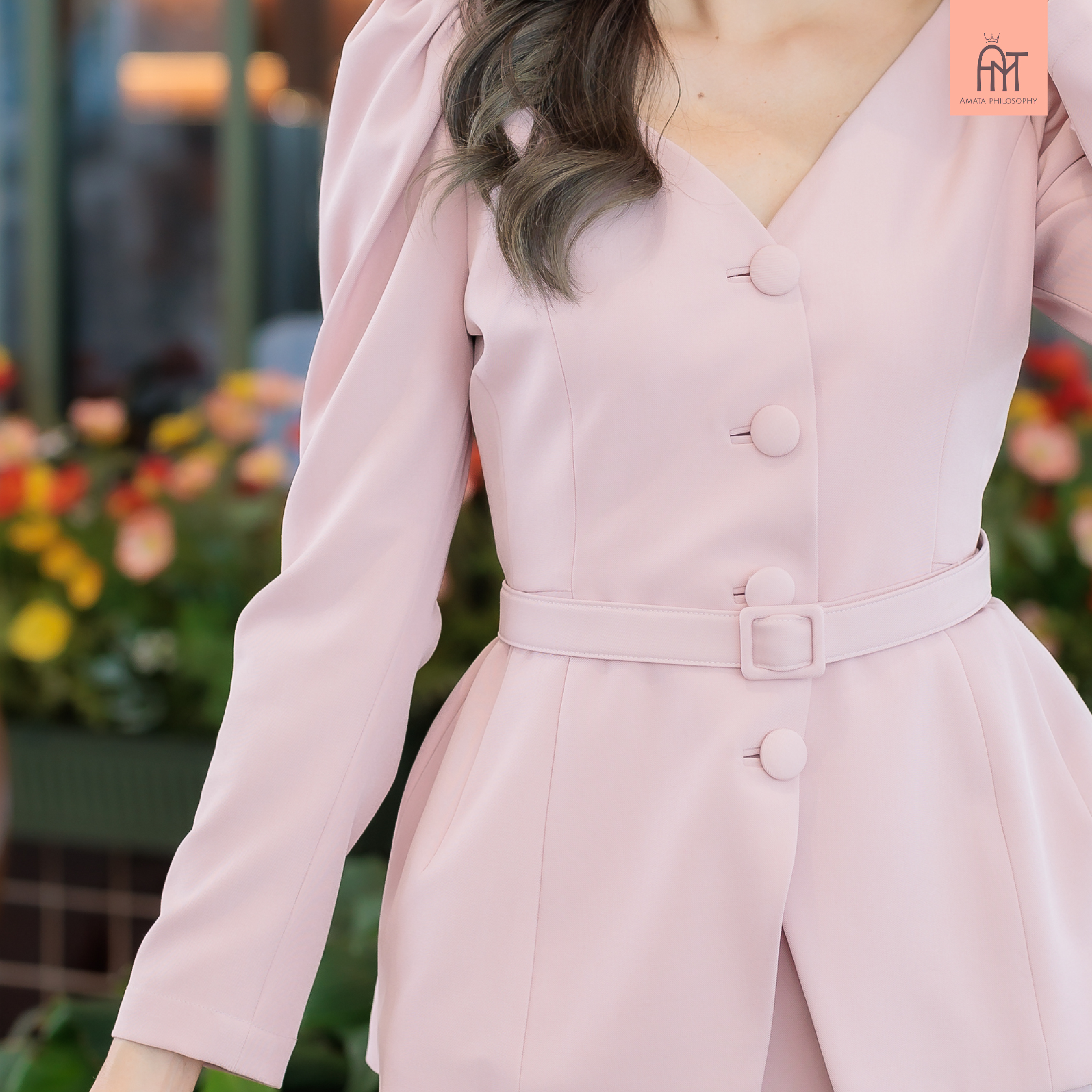 AMATA เสื้อ FLORENCE สีชมพู ครีมเบจ