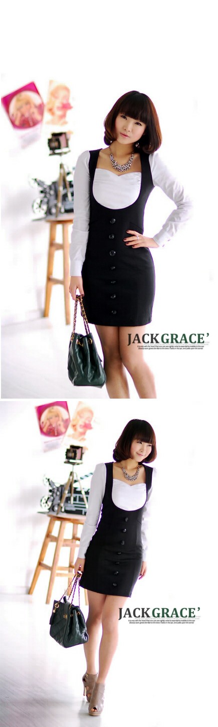 ชุดเดรสแขนยาว ทูโทนสีดำขาว ส่งฟรี ems