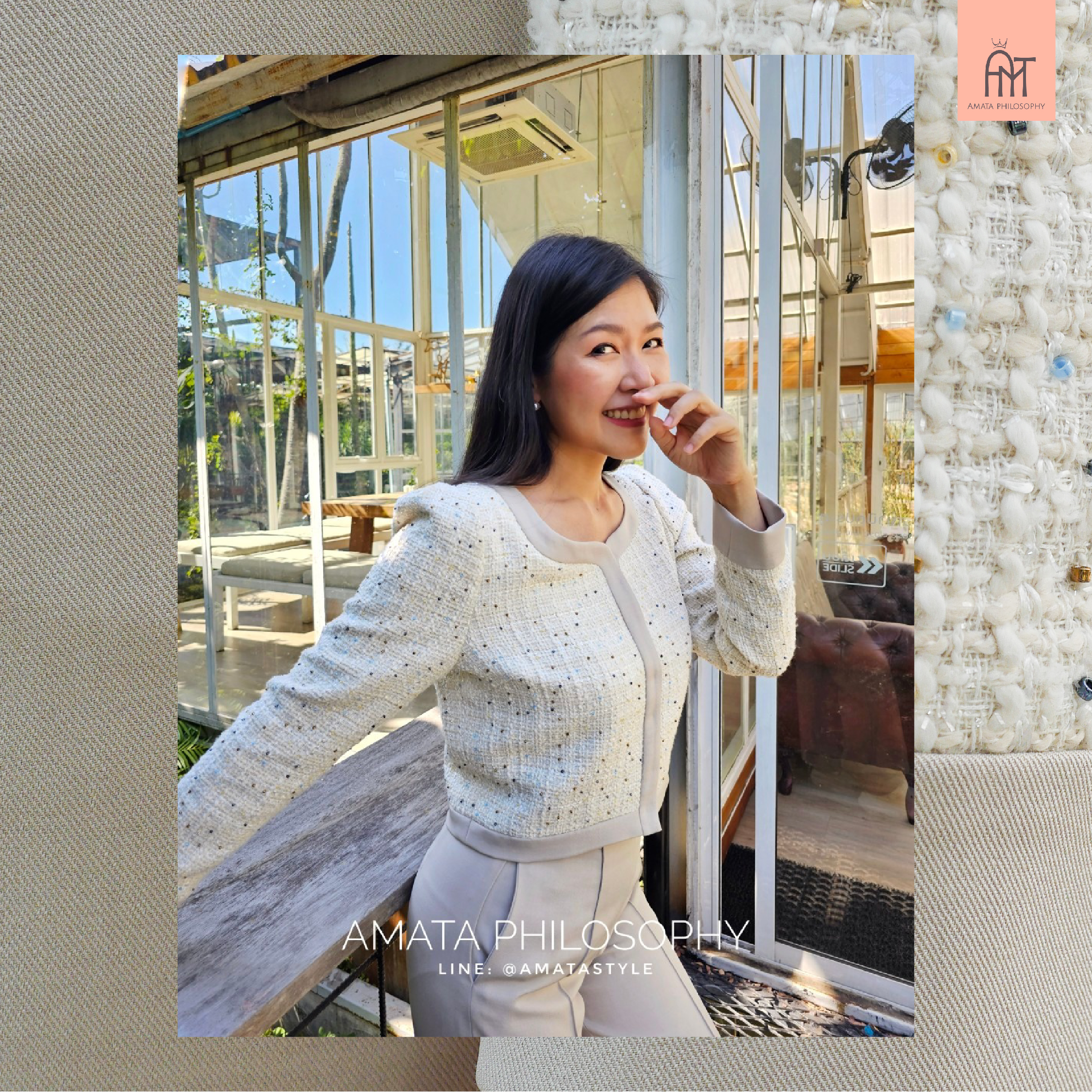 AMATA กางเกง MILAN สีครีม ชมพู