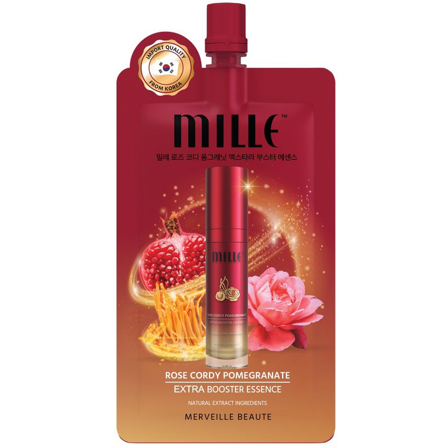 (แบบซอง) MILLE ROSE CORDY POMEGRANATE BOOSTER ESSENCE 6G. มิเล่ เอสเซนส์น้ำโสมกุหลาบถั่งเช่า อสเซนส์ฟื้นผิวเปล่งปลั่ง ในข้ามคืน ขนาด 6 กรัม