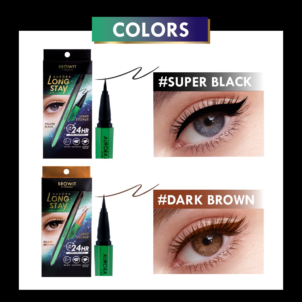 Browit Aurora Long Stay Eyeliner 0.5G #DARK BROWN บราวอิท น้องฉัตร ออโรร่าลองสเตย์อายไลน์เนอร์ 0.5G อายไลน์เนอร์หัวพู่กันหัวแปรง 0.05MM ติดทน กันน้ำ กันเหงื่อ ไม่แพนด้า สี ดาร์กบราวน์