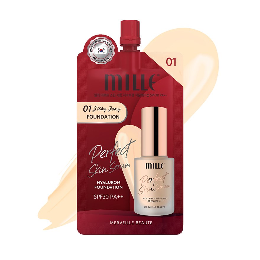 (แบบซอง) MILLE PERFECT SKIN SERUM HYALURON FOUNDATION SPF30 PA++ 6G. #01 SILKY IVORY MILLE รองพื้นเซรั่ม สูตรแมท เนื้อบางเบา ปกปิดสูง สี 01 SILKY IVORY ผิวขาว