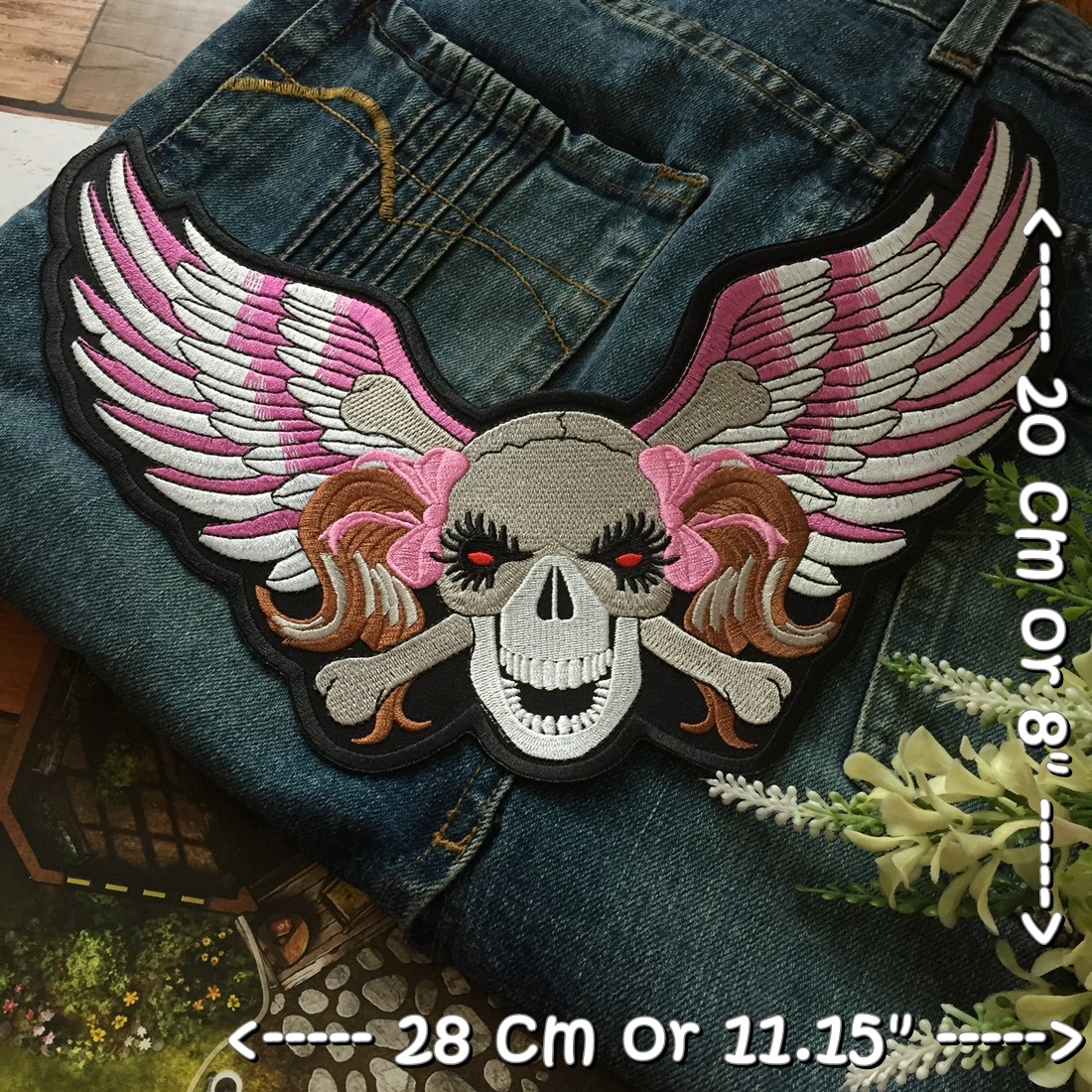 กะโหลก ปีกนางฟ้า lady Biker ไบค์เกอร์ ตัวรีดติดเสื้อ อาร์มรีด อาร์มปัก ตกแต่งเสื้อผ้า หมวก กระเป๋า แจ๊คเก็ตยีนส์ Embroidered Iron on Patch ไซส์ใหญ่