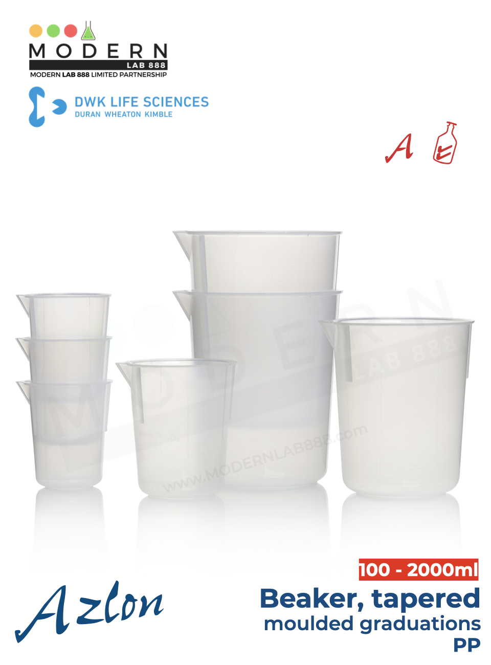 บีกเกอร์ พลาสติก PP แบบสเกลตัวนูน / Beaker, tapered, moulded graduations, PP, "AZLON"
