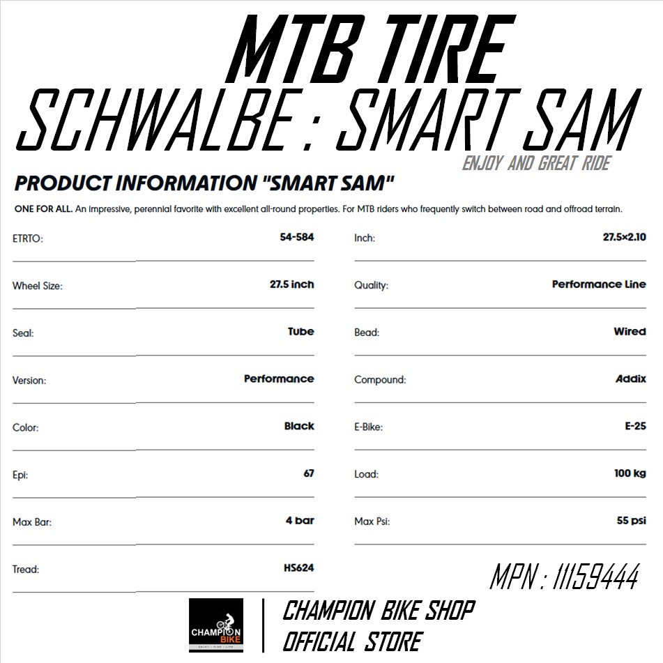 ยางเสือภูเขา27.5x2.10 SCHWALBE : SMART SAM 27.5x2.10 (54-584) MTB TIRE ขอบลวด มีกันหนาม