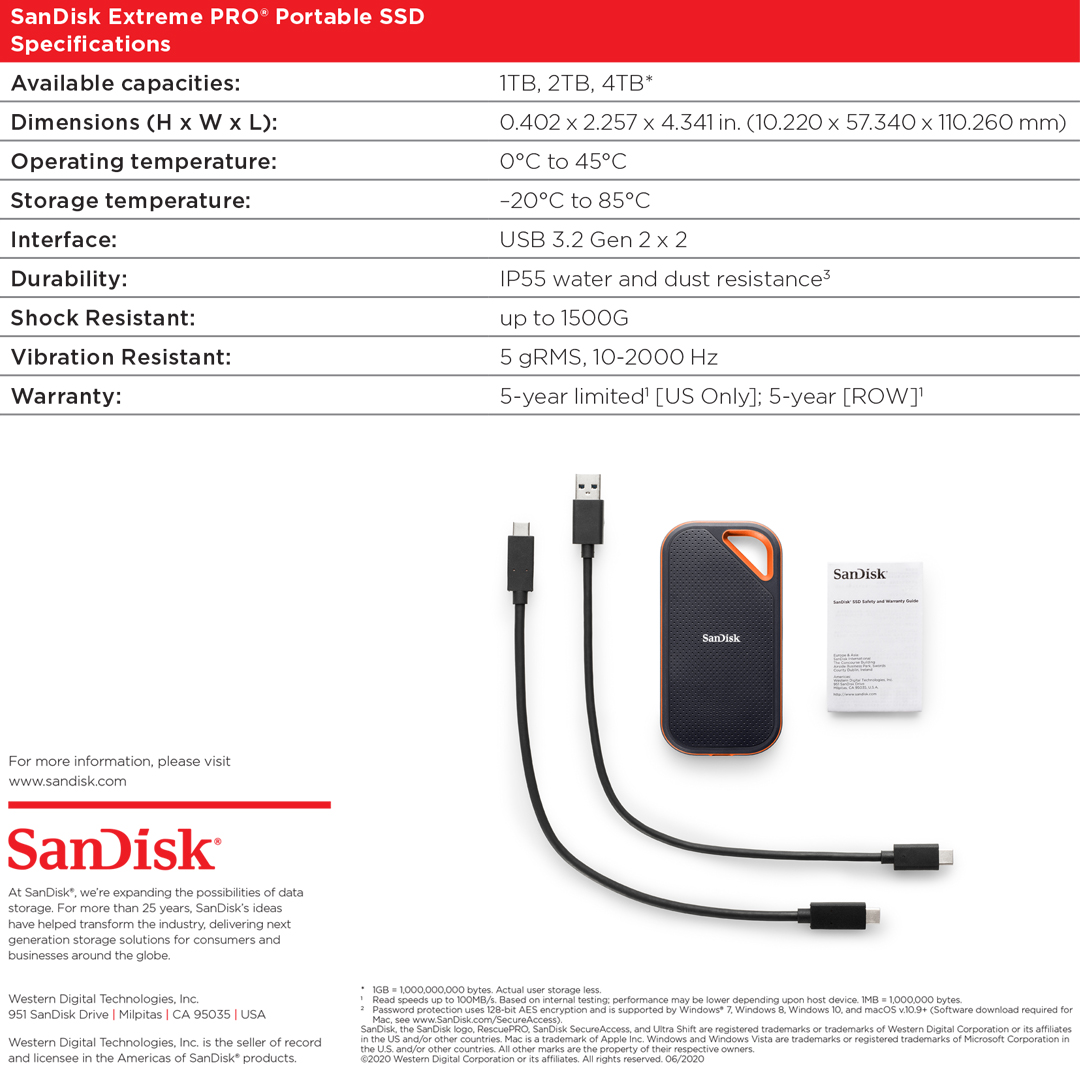 SanDisk Extreme Pro Portable SSD, SDSSDE81 1TB, USB 3.2 Gen 2x2, Type C - (SDSSDE81-1T00-G25) Speed Read/Write 2000Mbs ประกัน Synnex 5ปี