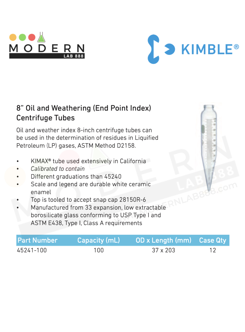 8" Oil and Weathering (End Point Index) Centrifuge Tubes