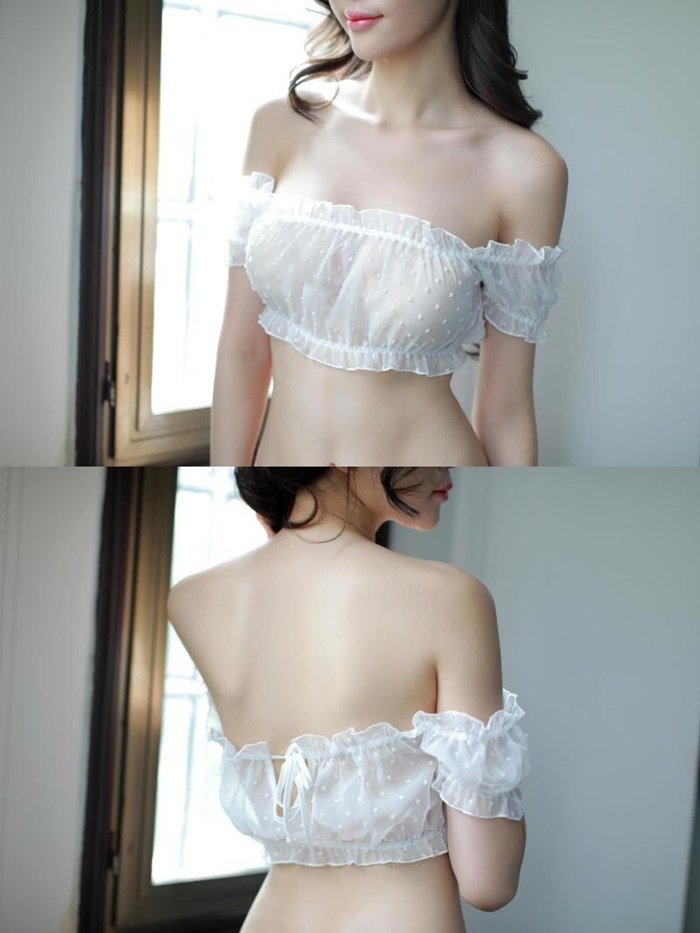 N516 ชุดนอนเซ็กซี่ ชุดนอนผ้าซีทรูลายจุดมาในแบบ 2 ชิ้นบน-ล่าง ชิ้นบนเป็นเสื้อเกาะอกแขนตุ๊กตา ชิ้นล่างเป็นจีสตริงแบบผูกข้างตามรูปถ่ายสินค้าจริง ***ในหุ่นยังขยายได้อีกพอสมควร