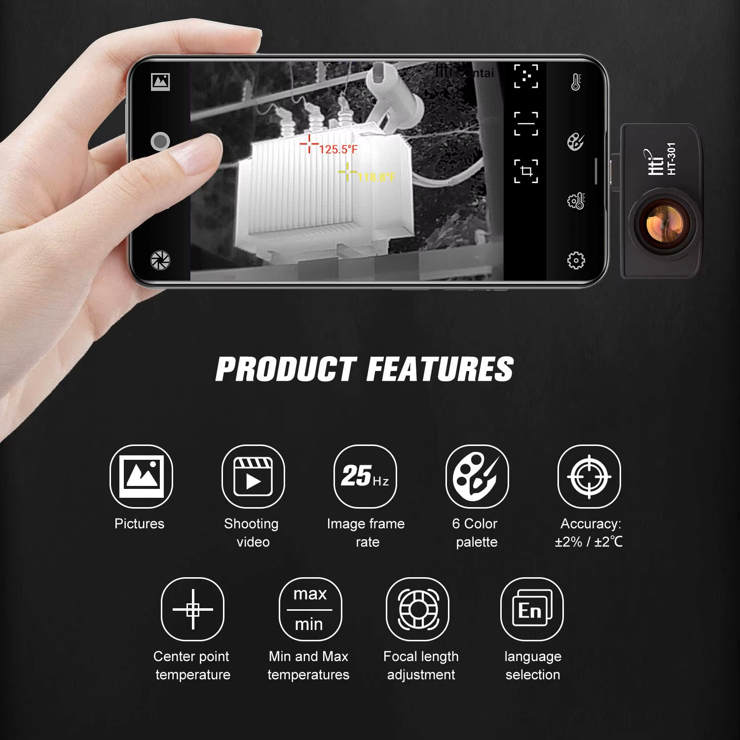 HTI, HT-301, IR Infrared Thermal Imager 384x288, Mobile Phone Thermal Imaging Camera, Thermometer Device for Android Phone Type C,กล้องถ่ายภาพความร้อน,