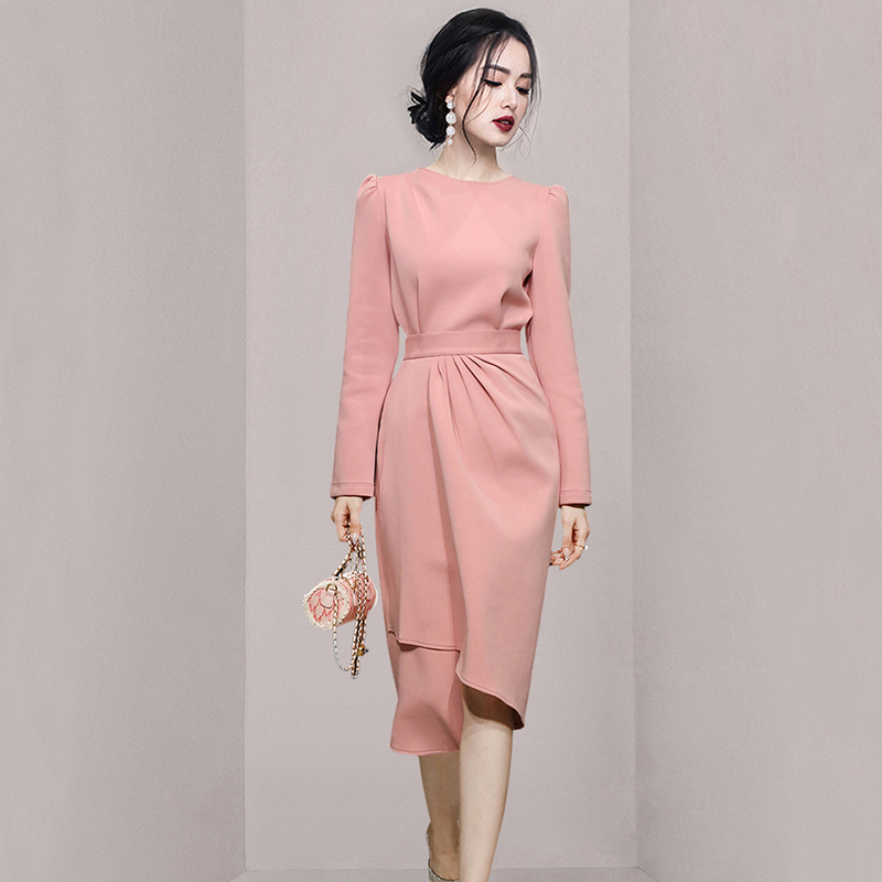 ชุดเดรสสีชมพูโอรส ผ้าคอตตอนผสม spandex เนื้อดี ทิ้งตัวสวย ส่งฟรี