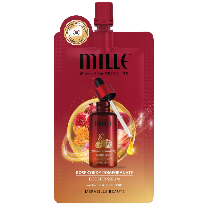 (แบบซอง) MILLE ROSE CORDY POMEGRANATE BOOSTER SERUM 6G. มิเล่ เซรั่มน้ำโสมกุหลาบถั่งเช่า พรีเซรั่มลดริ้วรอย ปรับผิวให้สมดุล ขนาด 6 กรัม