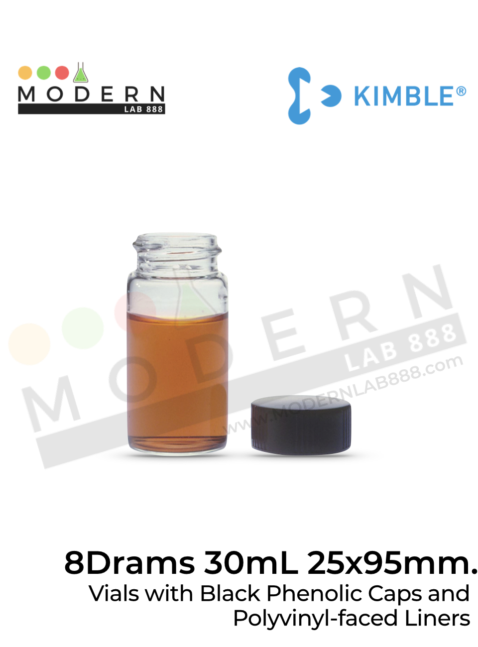 8 Drams 30mL 25x95mm. ขวดVials with Black Phenolic Caps and Polyvinyl-faced Liners