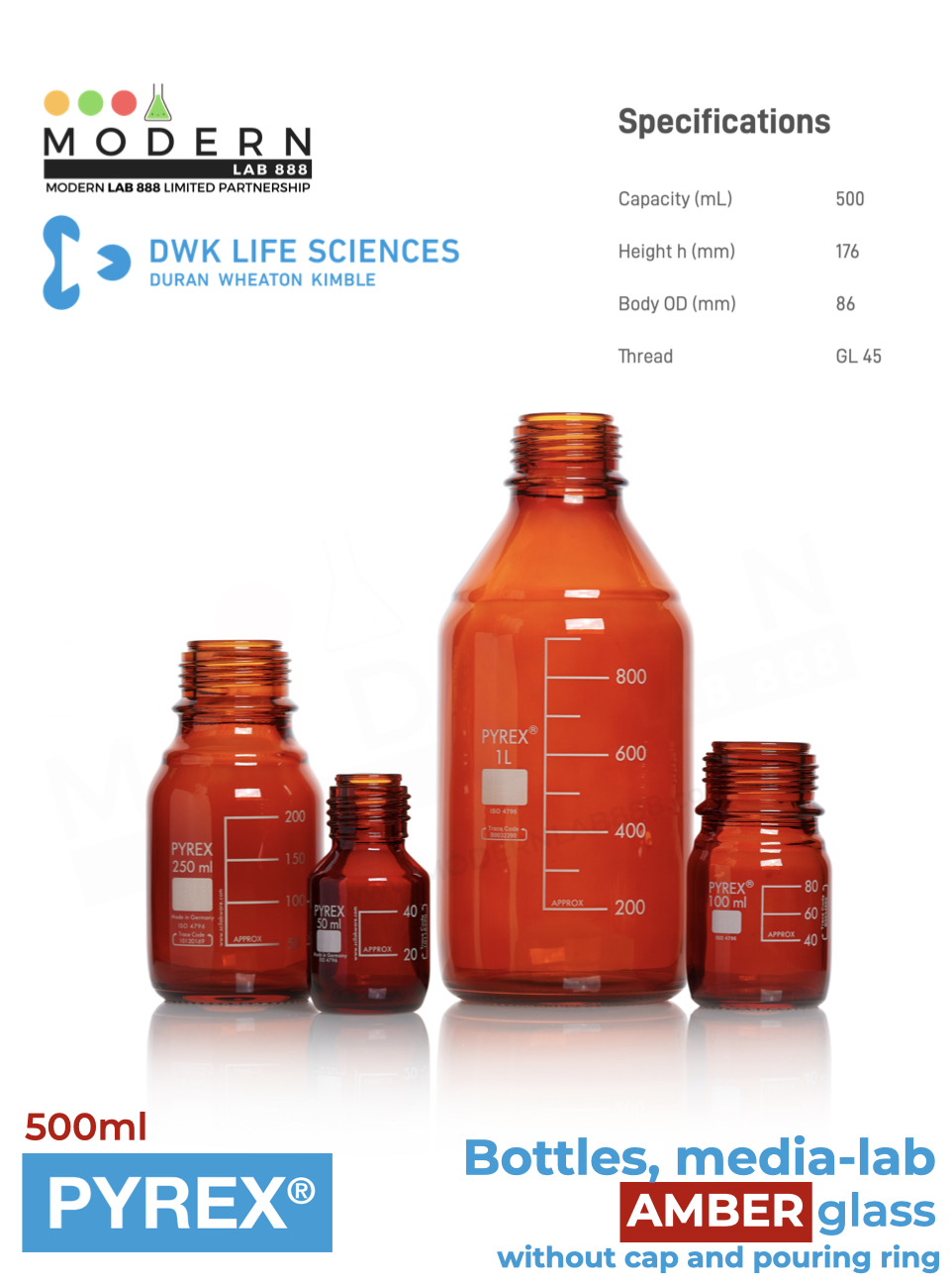 ขวดมีเดียสีชา ไม่มีฝา / Bottles, media-lab, without cap and pouring ring, Amber glass, PYREX