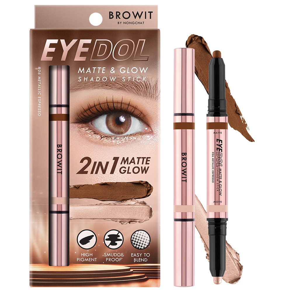 Browit Eyedol Matte & Glow Shadow Stick [0.5g + 0.5g] #06 METALLIC ESPRESSO บราวอิท อายดอลแมทท์แอนด์โกลว์แชโดว์สติ๊ก 0.5G+0.5G อายแชโดว์เนื้อครีม รูปแบบแท่ง 2 เฉดสีในแท่งเดียว สี 06 เมทัลลิคเอสเพรสโซ่