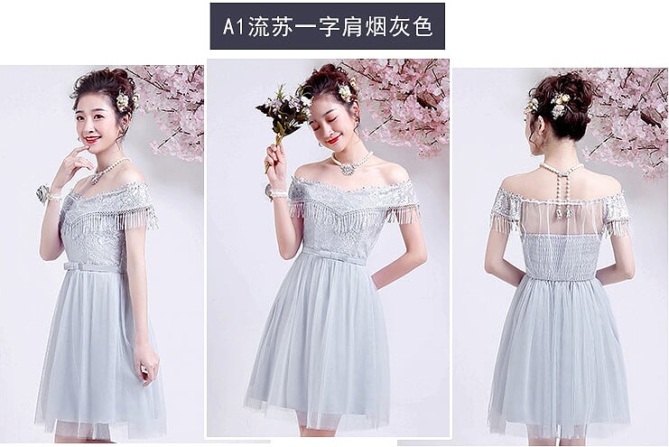 ชุดเดรสออกงานสีเทา ใส่ได้ทั้งงานกลางวันและกลางคืน ส่งฟรี ems