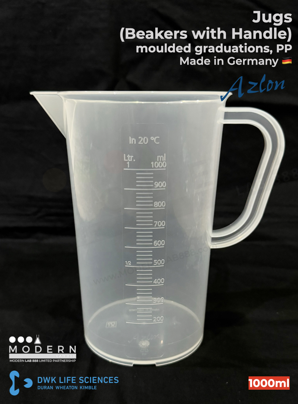 บีกเกอร์มีหูจับ พลาสติก PP แบบสเกลตัวนูน / Jug, moulded graduations, PP, "AZLON"