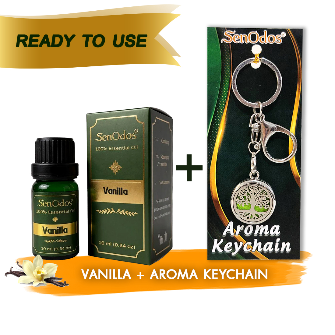 SenOdos น้ำมันหอมระเหยแท้ กลิ่นวานิลลา Vanilla Pure Essential Oil 10 ml. + น้ำหอมพกพา น้ำหอมในรถ พวงกุญแจน้ำหอม (Aroma Keychain / Car Perfume Keyring) ที่ห้อยกระเป๋า ที่ห้อยพวงกุญแจ