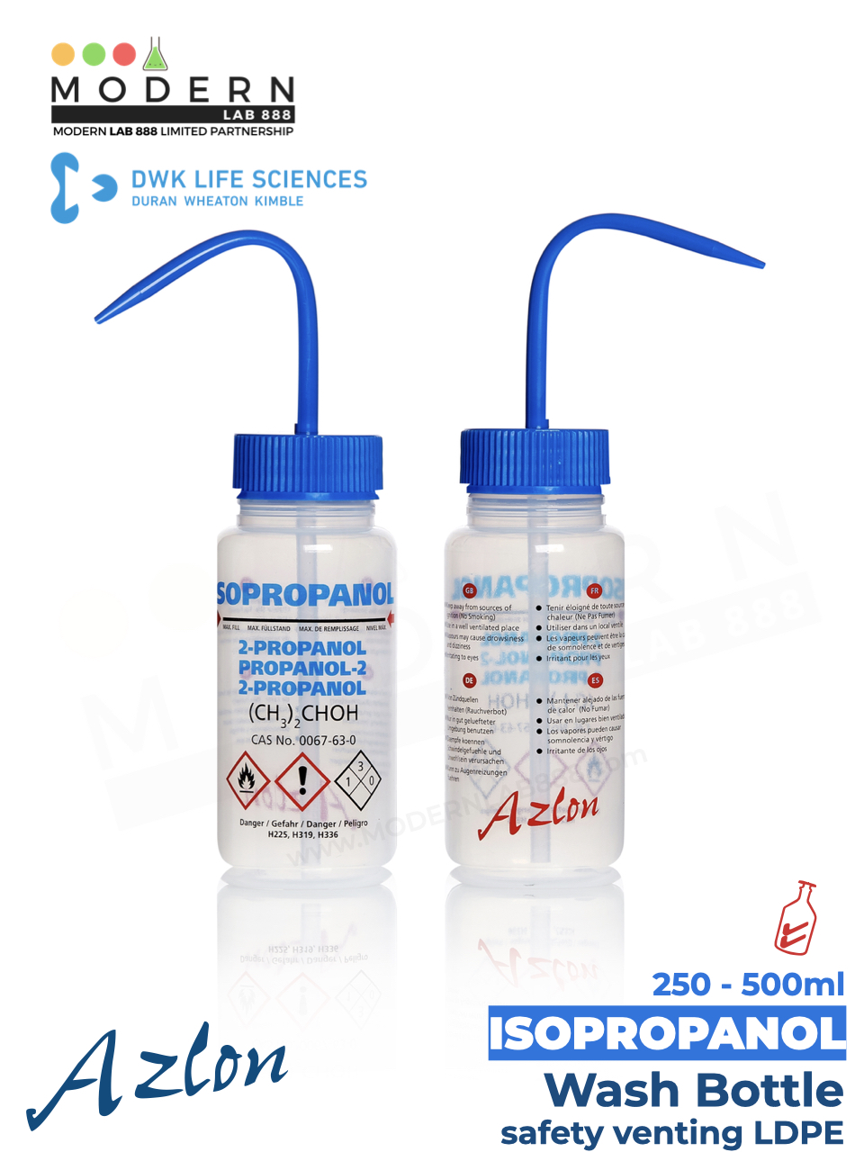 ขวดฉีดล้างพลาสติก ISOPROPANOL / AZLON® Wash Bottle, safety venting LDPE, "ISOPROPANOL"