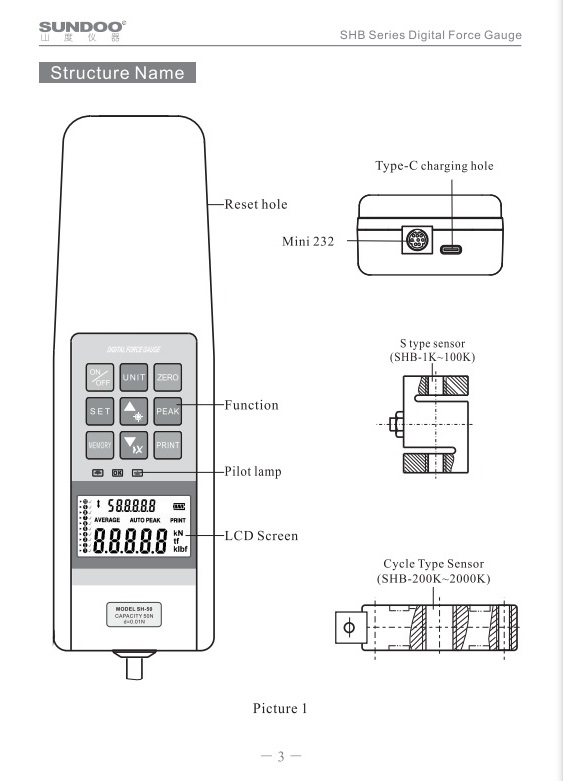 SHB Digital Push Pull Force Gauge (S Type Sensor Outside),SUNDOO,SHB Series Sensor Outside Digital Push Pull Force Gauge