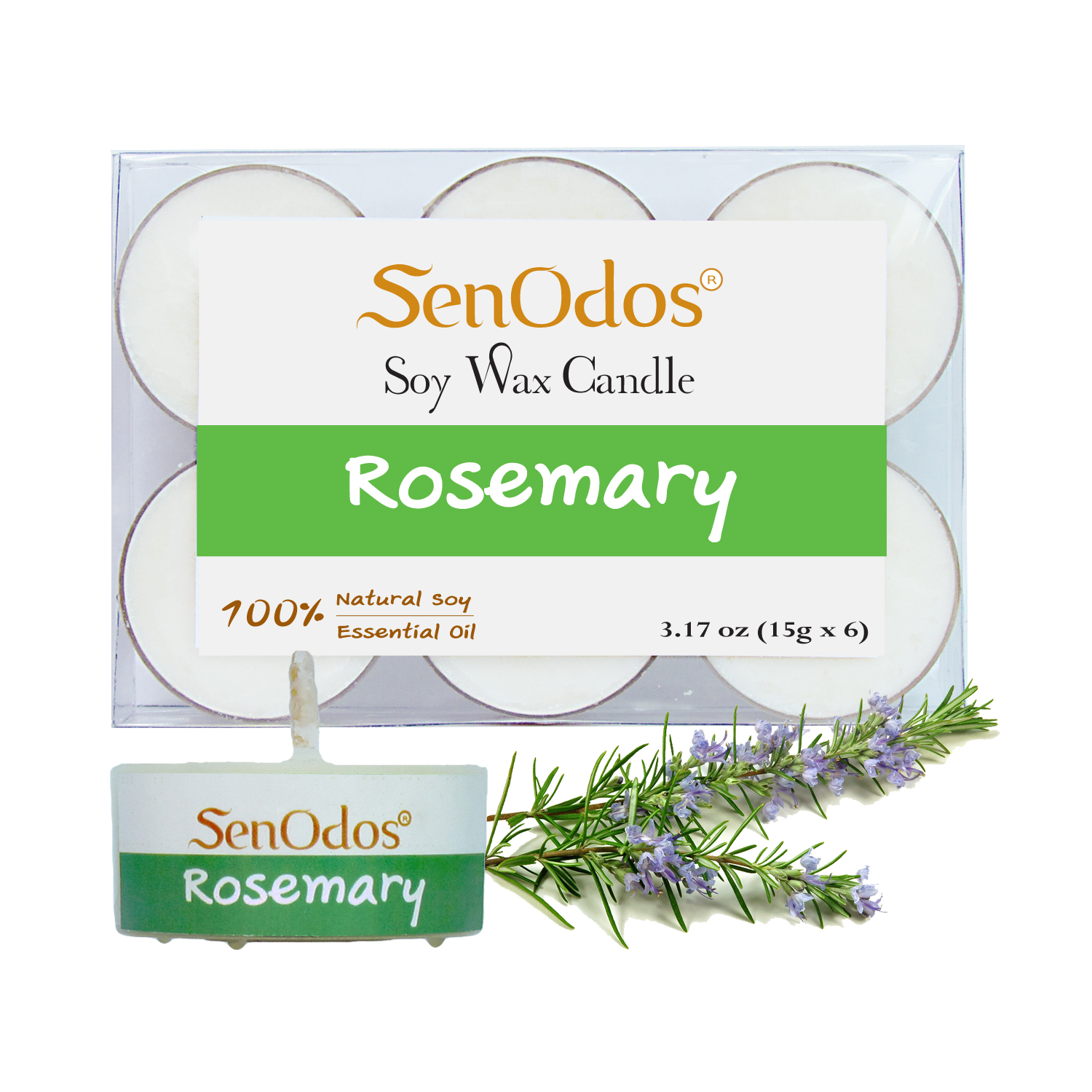 SenOdos เทียนหอมอโรม่า เทียนทีไลท์ Tealight Set Rosemary Soy Candles - กลิ่นโรสแมรี่แท้ 15 g. (6 ชิ้น)