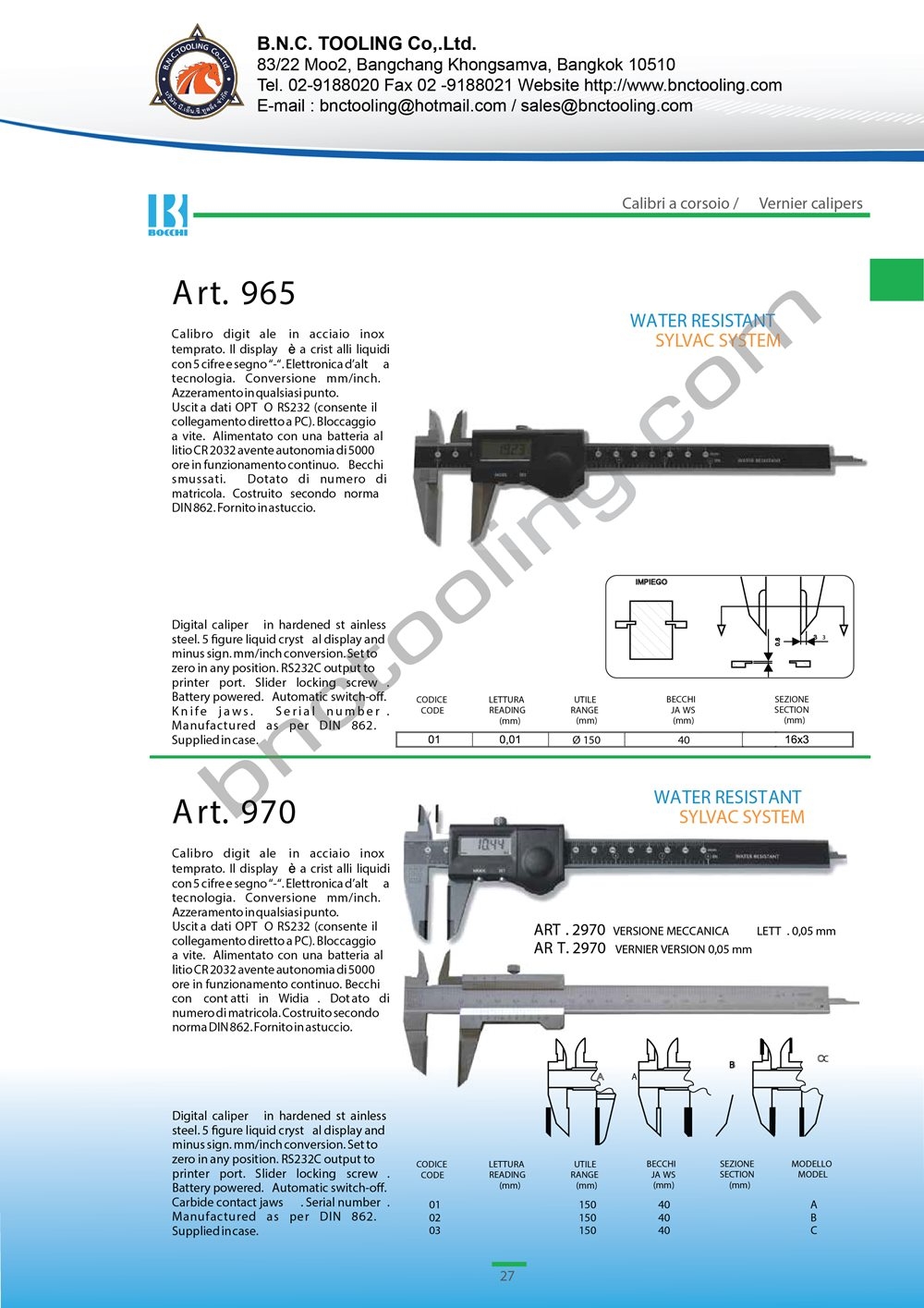 BOCCHI,Digital caliper with carbide contact jaws,Art-970