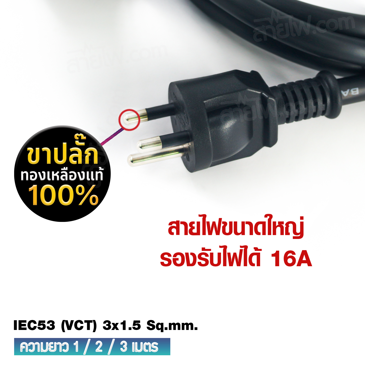 สายไฟ AC สายปลั๊กเสียบคอมพิวเตอร์ มอก.ตรง มีกราวด์ IEC53 3x1.5 Sq.mm. - C13