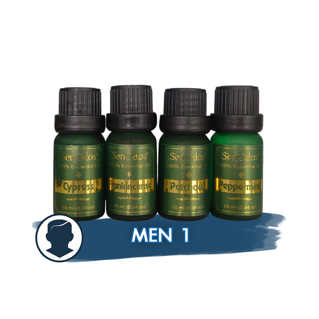 SenOdos น้ำมันหอมระเหย อโรม่า ชุดกลิ่นสำหรับผู้ชาย 1 Essential Oil Men 1 Set1 10 ml x 4 กลิ่น (กลิ่นแพทชูลี่, กลิ่นเปปเปอร์มินต์, กลิ่นไซเปรสซ์, กลิ่นกำยาน)