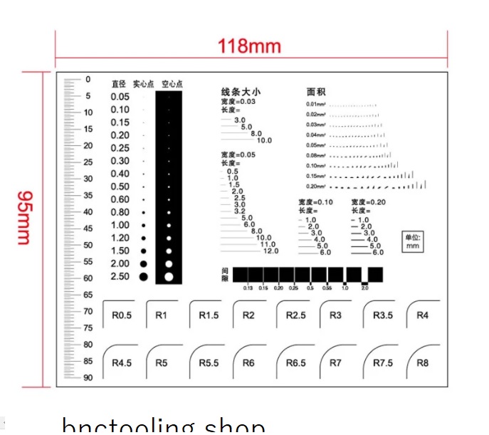 ฟิลม์ใสตรวจสอบงานชนิดจุด เส้น และ รัศมี, Point line gauge Stain card Film caliper Contrast card defect inspection area gauge scratches Rounded lines Size : 118 x 95