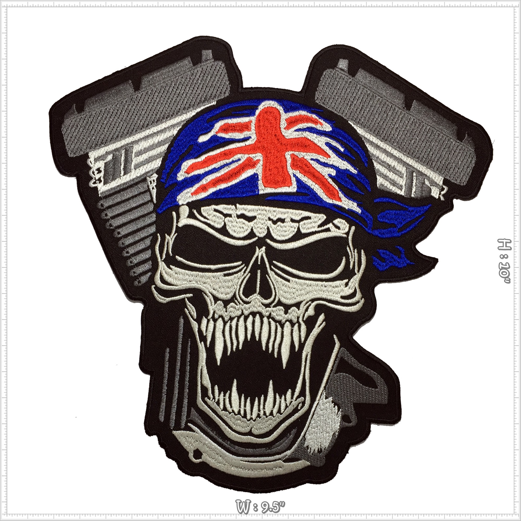 กะโหลก ไบค์เกอร์ นักบิด ธงชาติอังกฤษ ตัวรีดติดเสื้อ อาร์มรีด อาร์มปัก ตกแต่งเสื้อผ้า แจ๊คเก็ตยีนส์ Embroidered Iron on Patch ไซส์ใหญ่