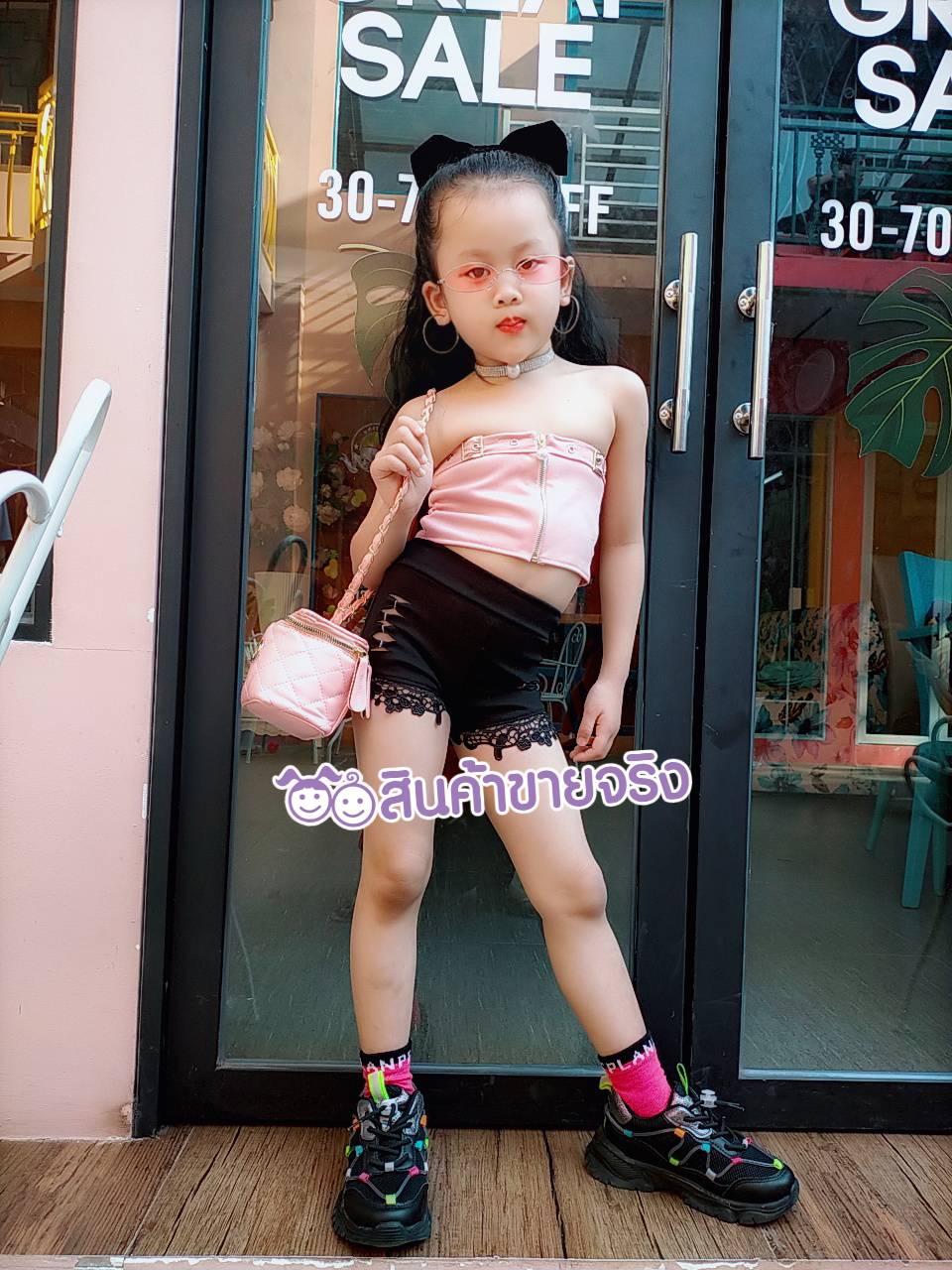 KS02/💜พร้อมส่ง💜ชุดเด็กผู้หญิง เสื้อชมพู+กางเกงสั้นดำลุกไม้