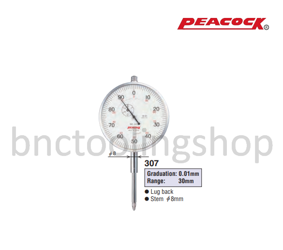 ไดอัลเกจขนาด 30มิล ความละเอียด 0.01มิล,Long Travel Dial Gauges Range 30mm Graduation 0.01mm,Peacock,307
