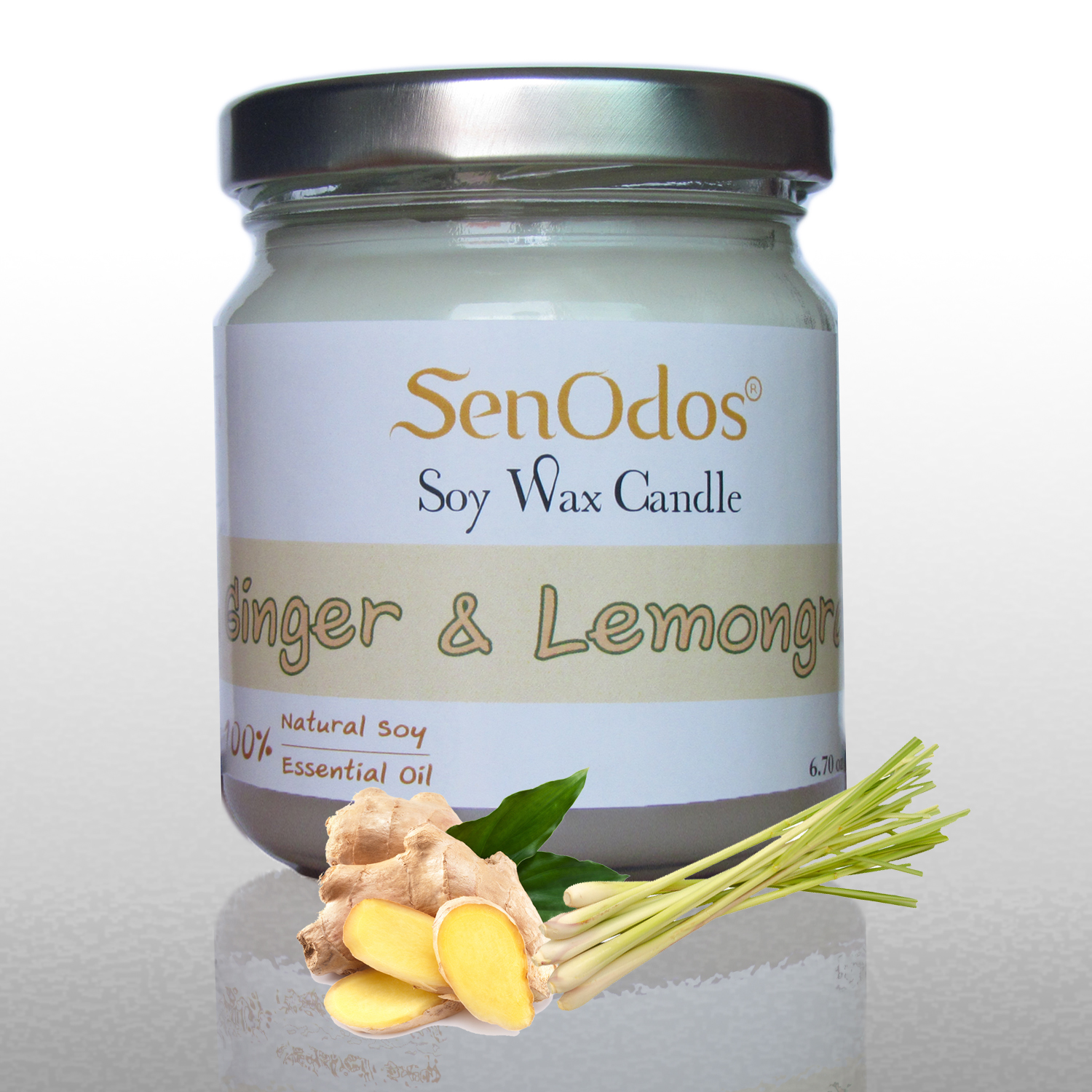 SenOdos เทียนหอม อโรม่า เทียนหอมสปา Ginger + Lemongrass Scented Soy Candle Aroma 190 g - กลิ่นขิง + ตะไคร้